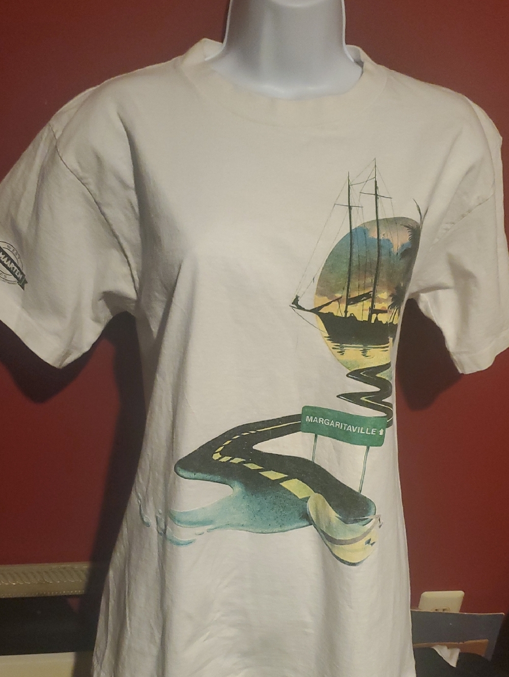 Margaritaville Cream Tee with Blue-Green Sailboat Road Graphic
